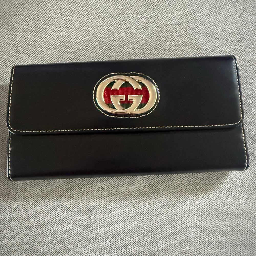 Gucci Dark Brown Leather Continental Wallet Interlocking GG Web Stripe New